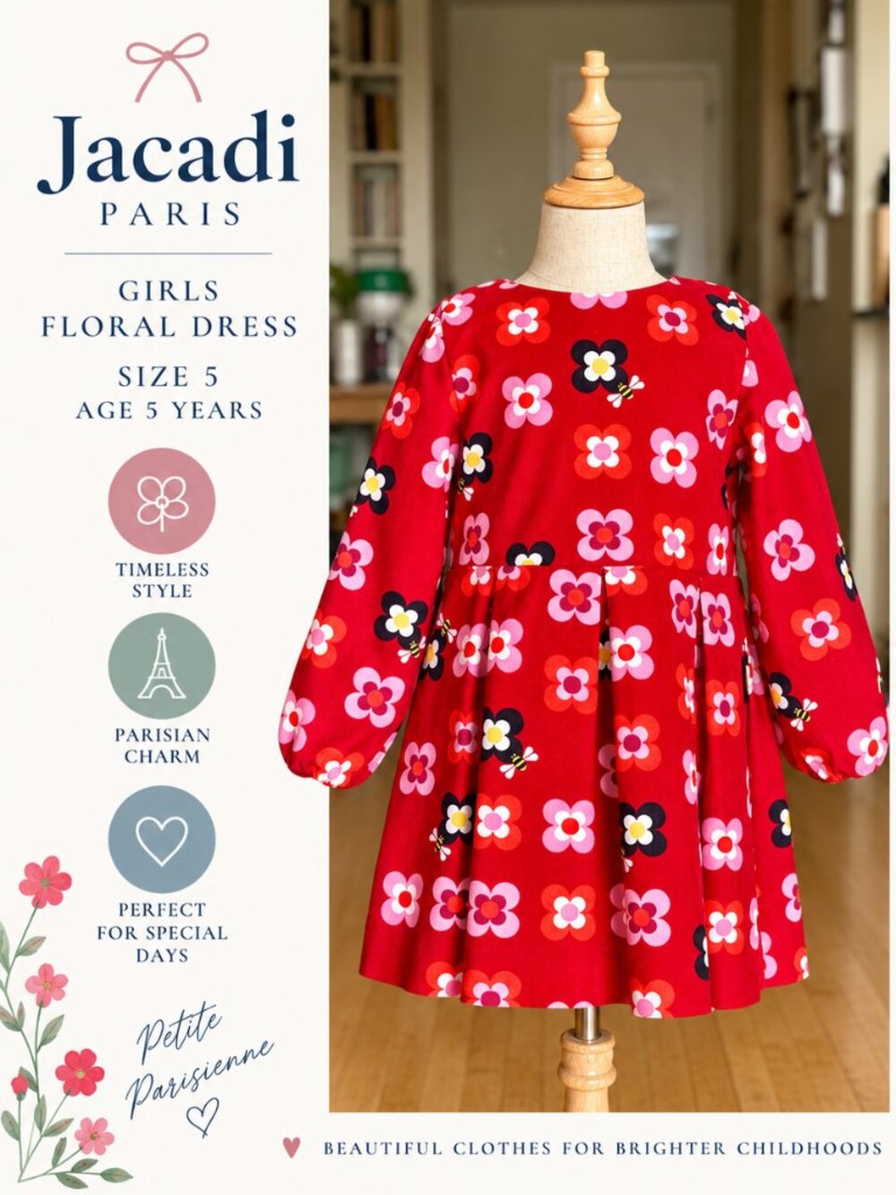 Jacadi Flower Motif Floral Dress Age 5Y